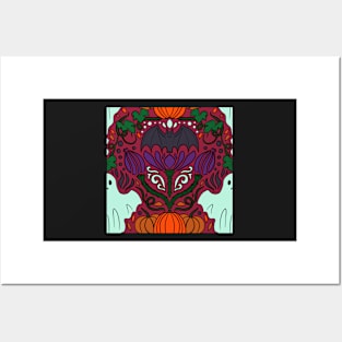 Halloween Damask Spooky Ghost and Pumpkin and Bat Halloween Print Cranberry Posters and Art